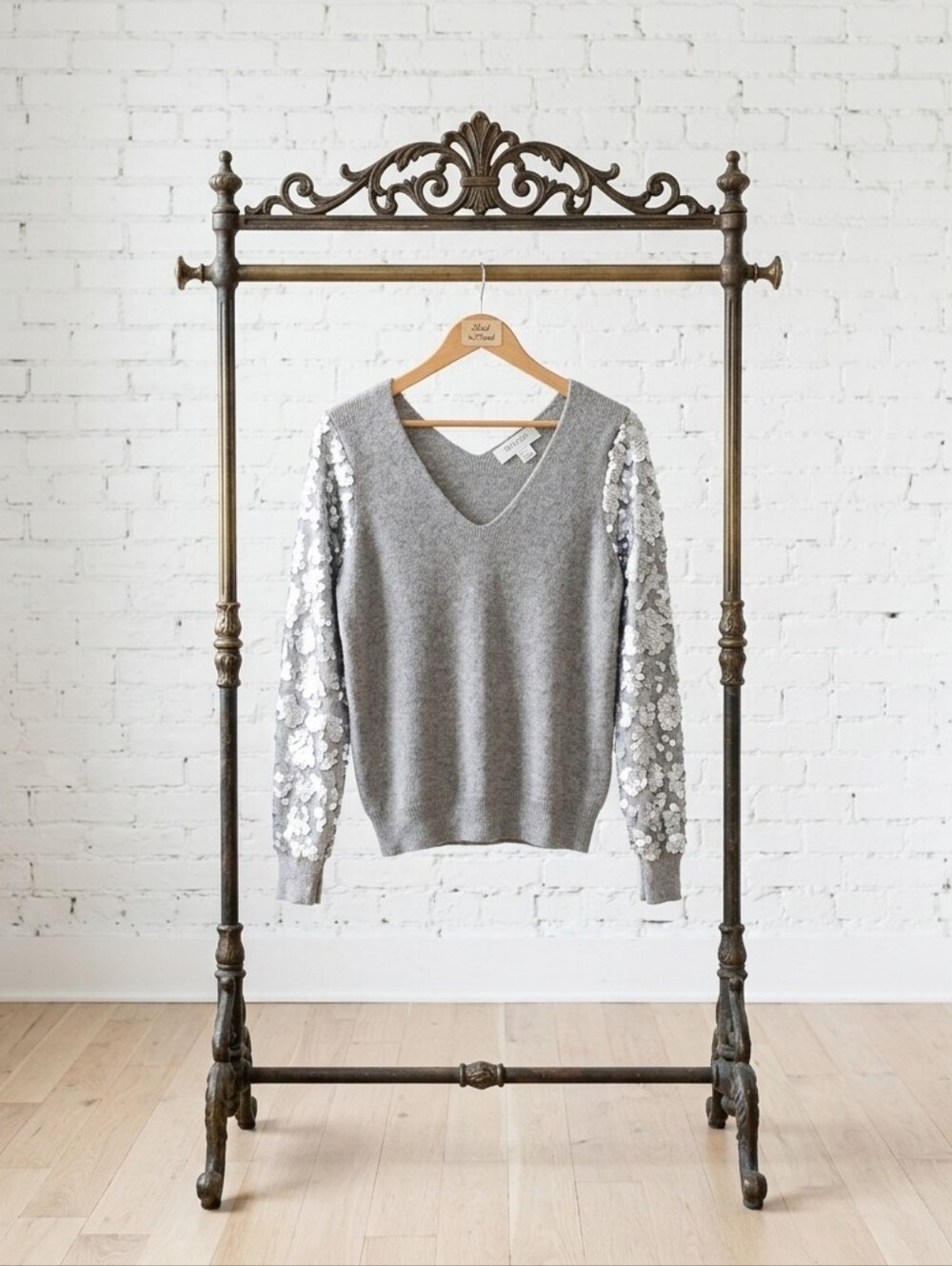 V-Neck Sequin Sleeve Sweatshirt in Light Gray